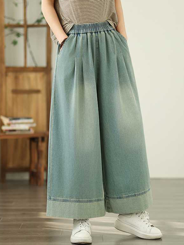 Elasticity Pleated Pockets Loose Wide Leg Trousers Jean Pants Bottoms