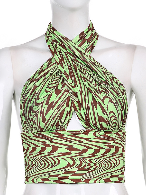 Backless Hollow Printed Skinny Sleeveless Halter-Neck Vest Top