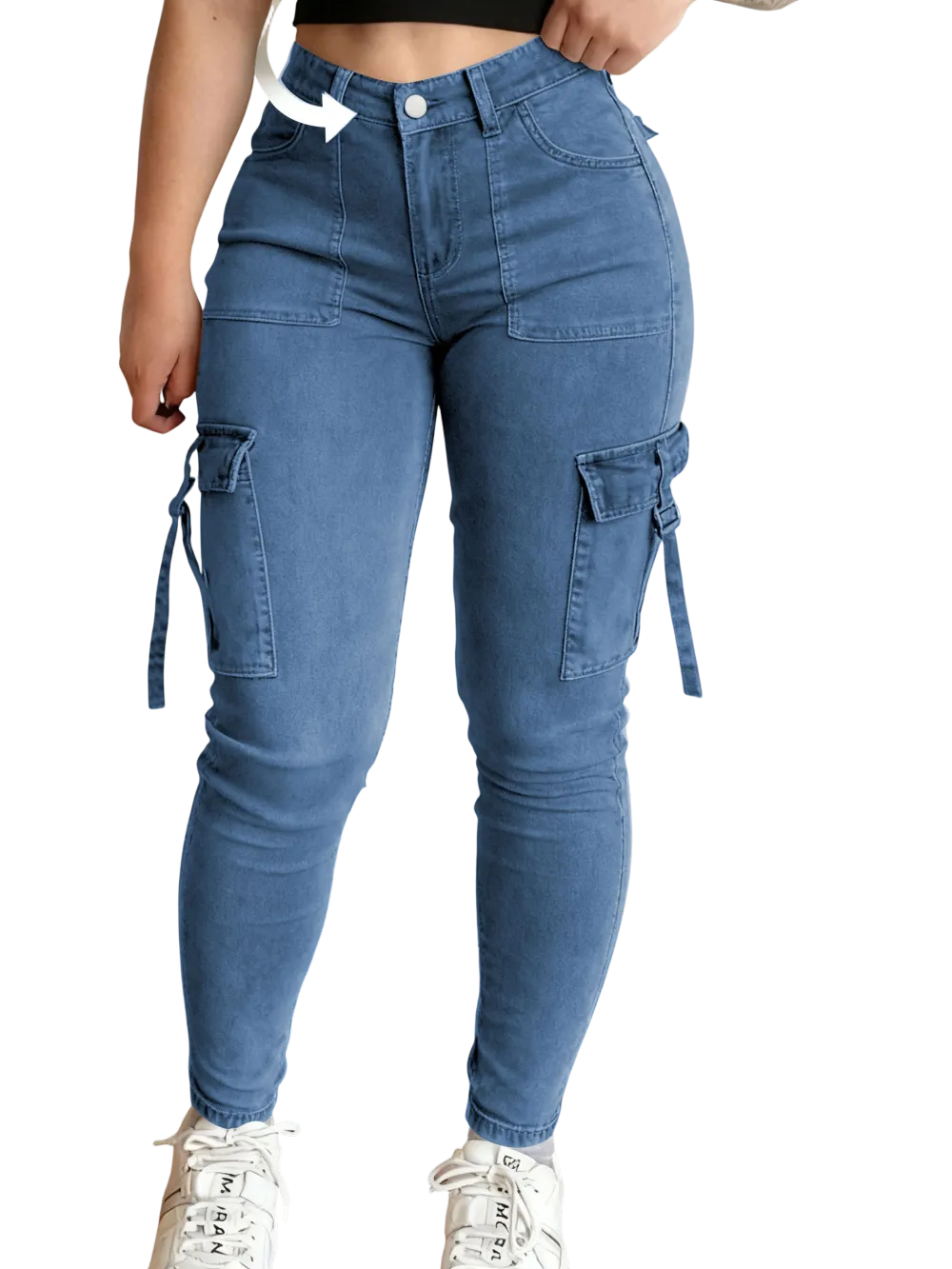Women's solid color multi-pocket denim cargo pants