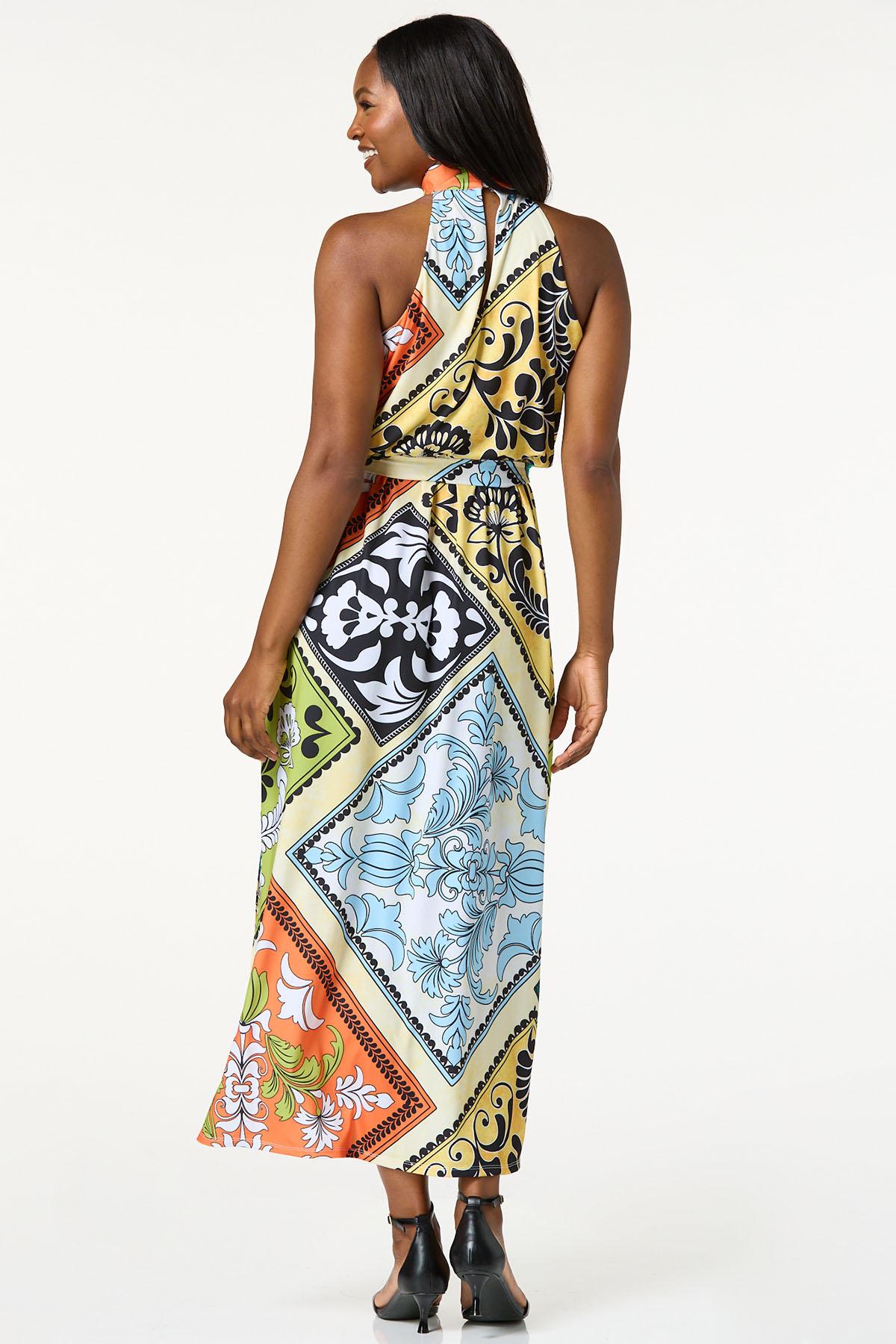 Twist Neck Patch Print Maxi Dress