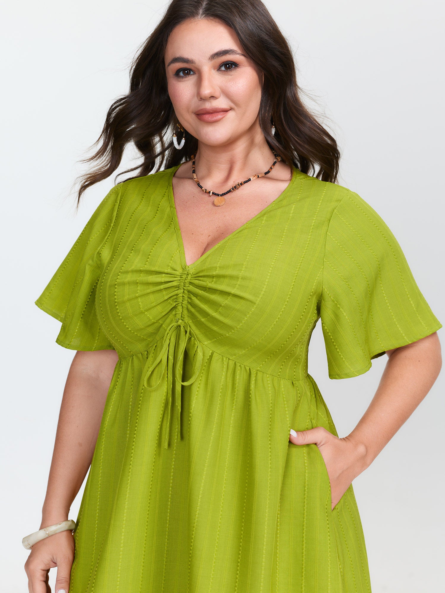 Ruched Bodice Embroidered Cut Out Midi Dress