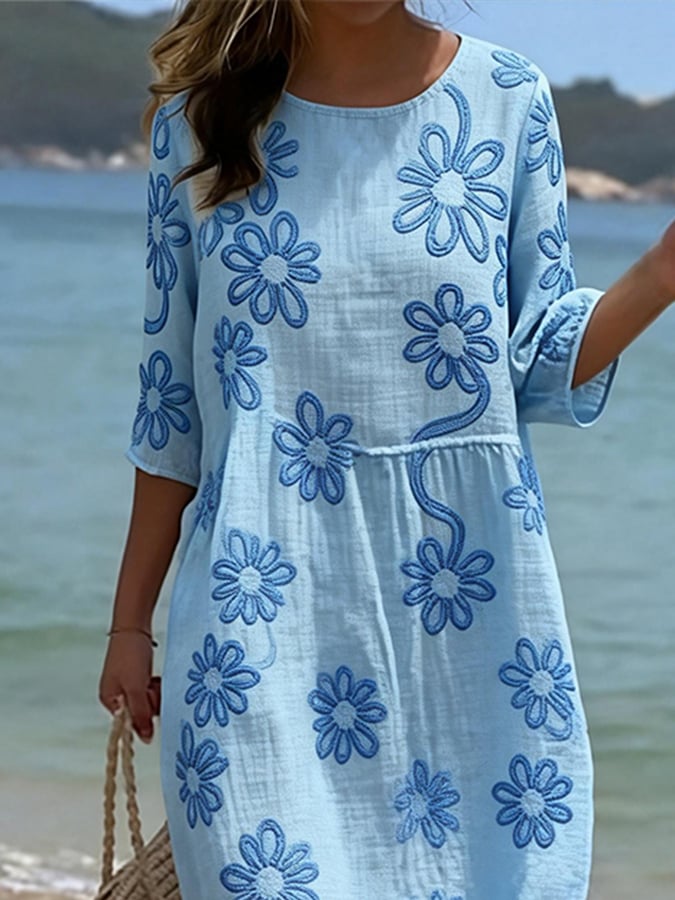 Women's Casual  Round Neck Mid Sleeve Print Cotton and Linen Dress- Fast Shipping
