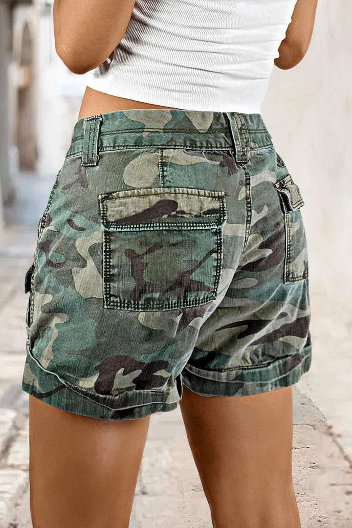 Mother's Day Sale💕Camo Print Roll Hem Flap Pocket Mid Rise Shorts