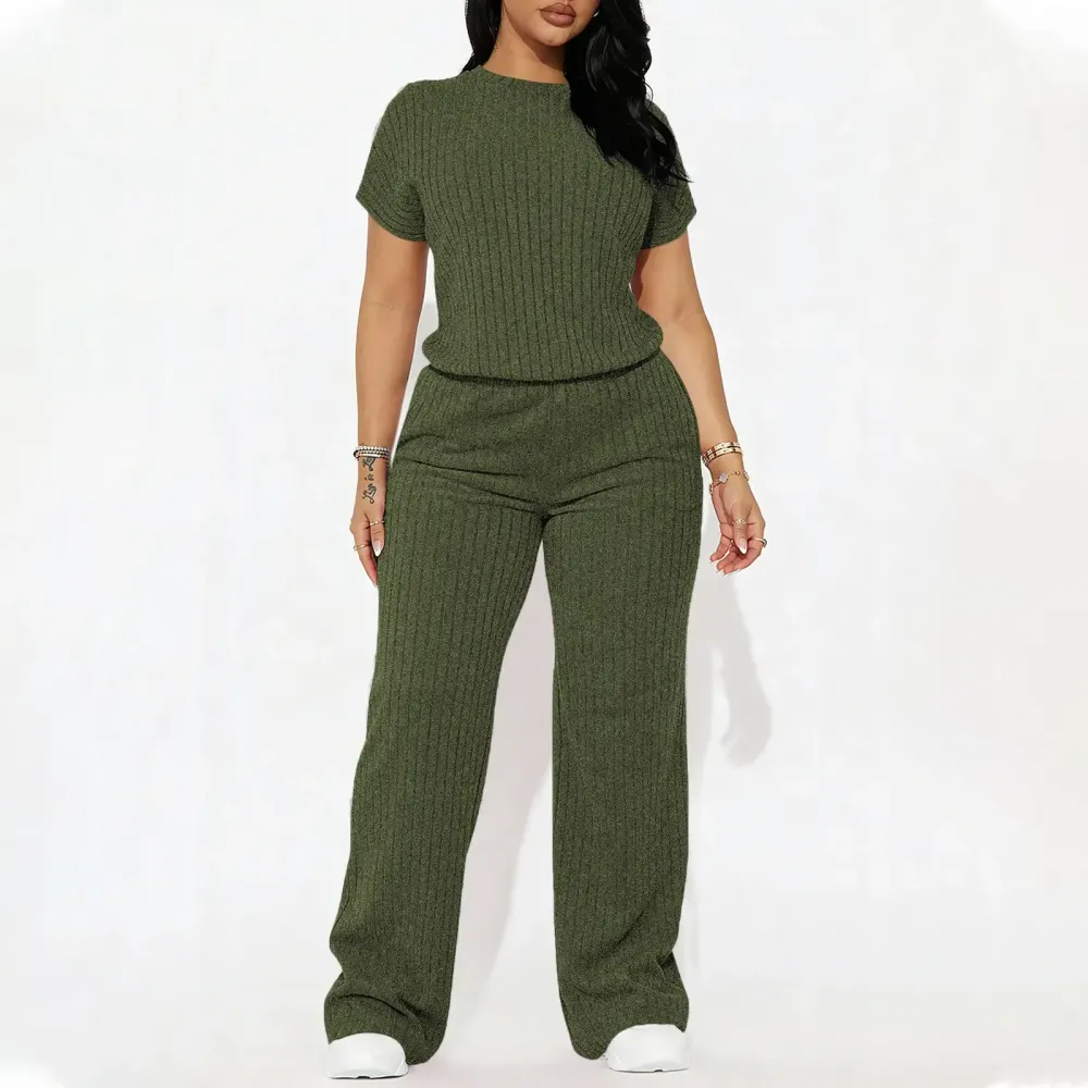Women's Solid Shortsleeve Crewneck Ribbed Top & Wide Leg Pants Minimalist Casual Fitted