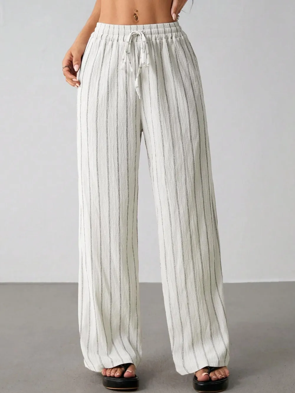 Women's Striped Waist Tie Straight Leg Loose Casual Belted Pants, Fitted Style