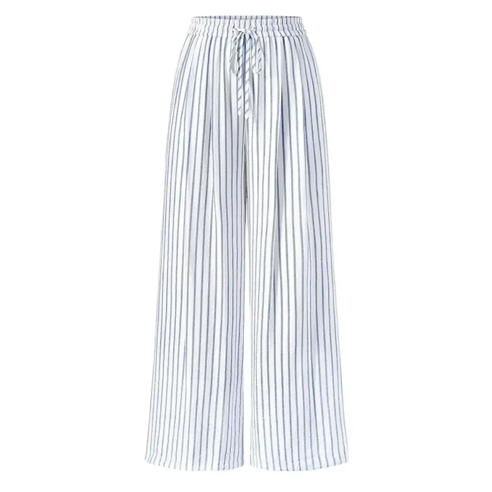 Women's Pants Elastic Waist Striped Lightweight Palazzo Trousers With Pockets Casual Lounge Wide Leg Bottoms
