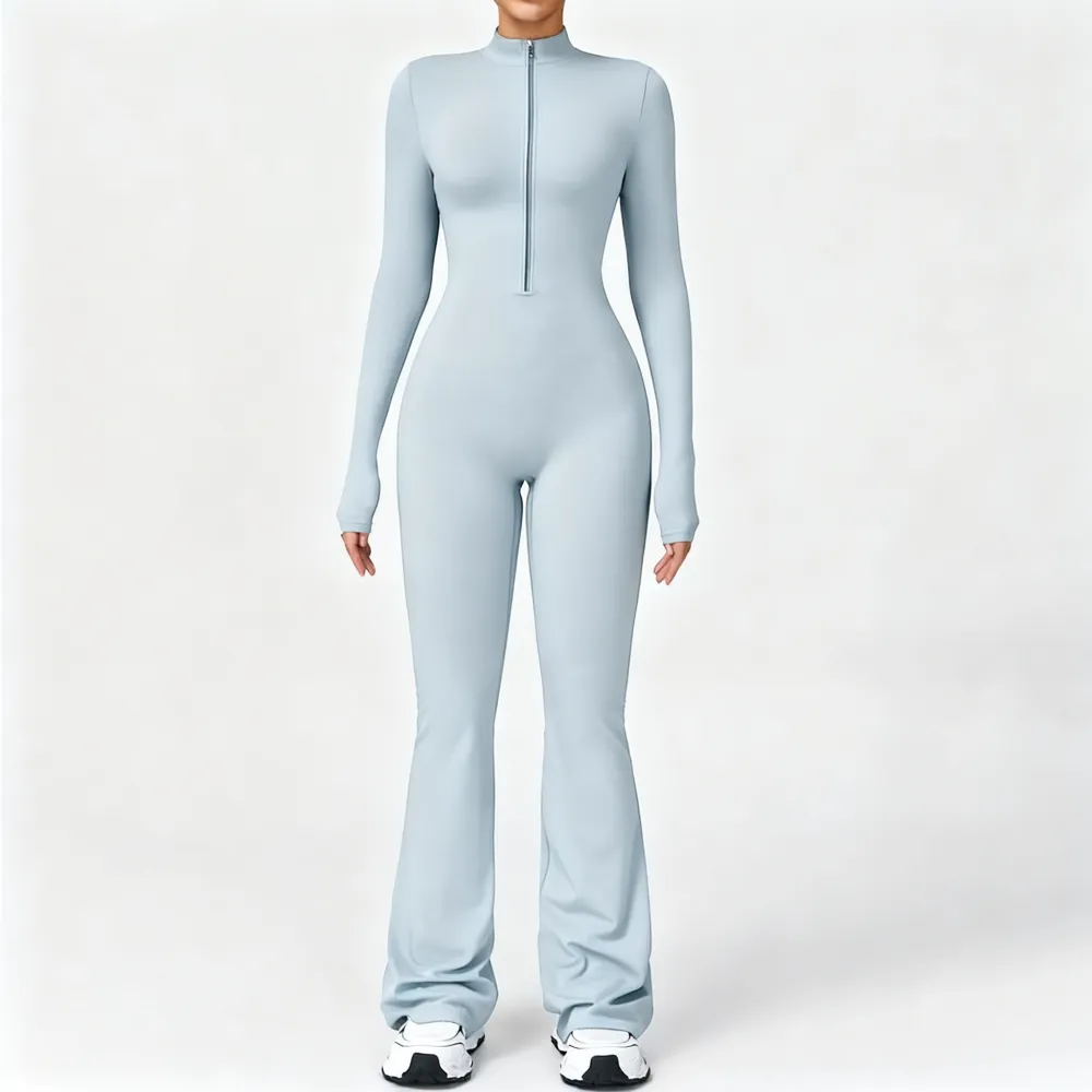 Women's Long Sleeve Flared Sports Jumpsuit - Zipper Jumpsuit