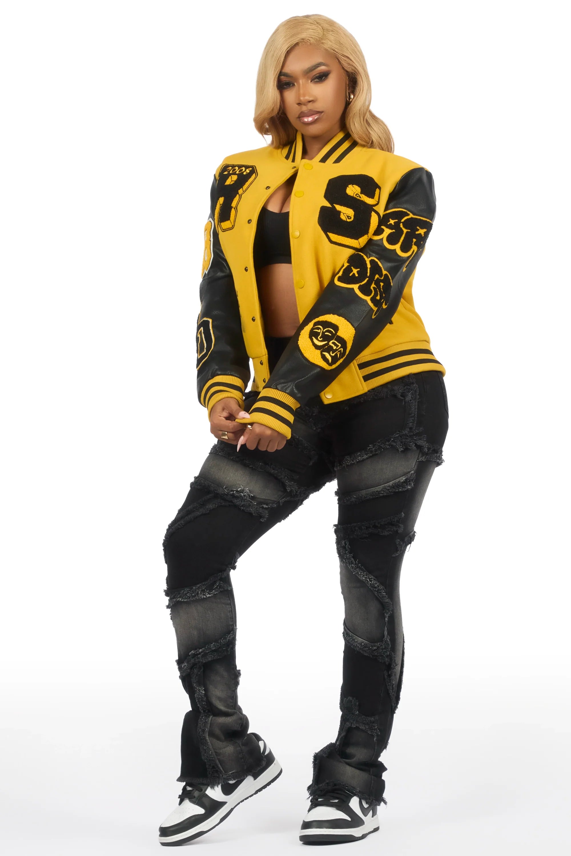 Leslee Black/Yellow Oversized Varsity Jacket