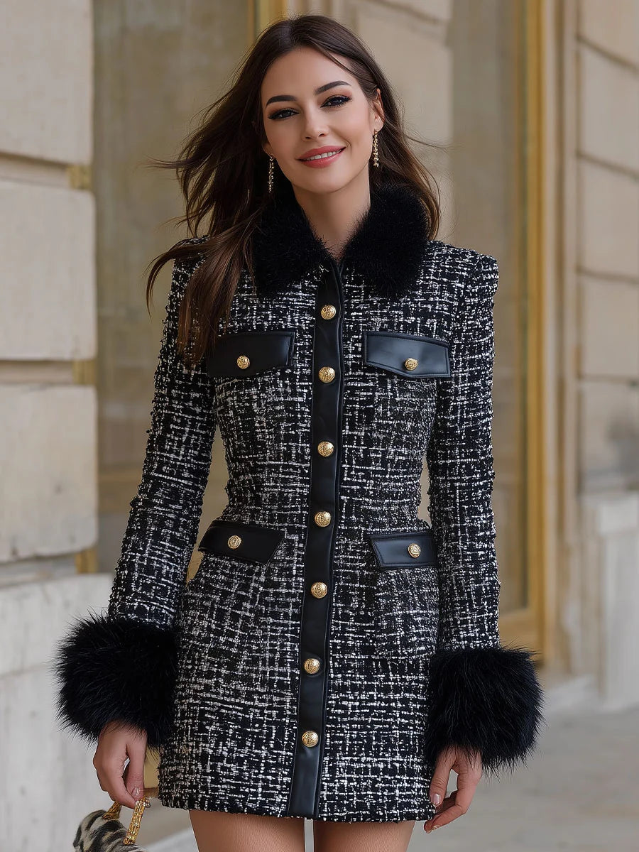 Black & White Tweed Fur-Trimmed Coat Dress