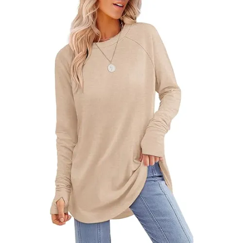 Womens Tunic Tops to Wear with Leggings Long Sleeve Thumb Hole Shirts Crew Neck Curved Hem