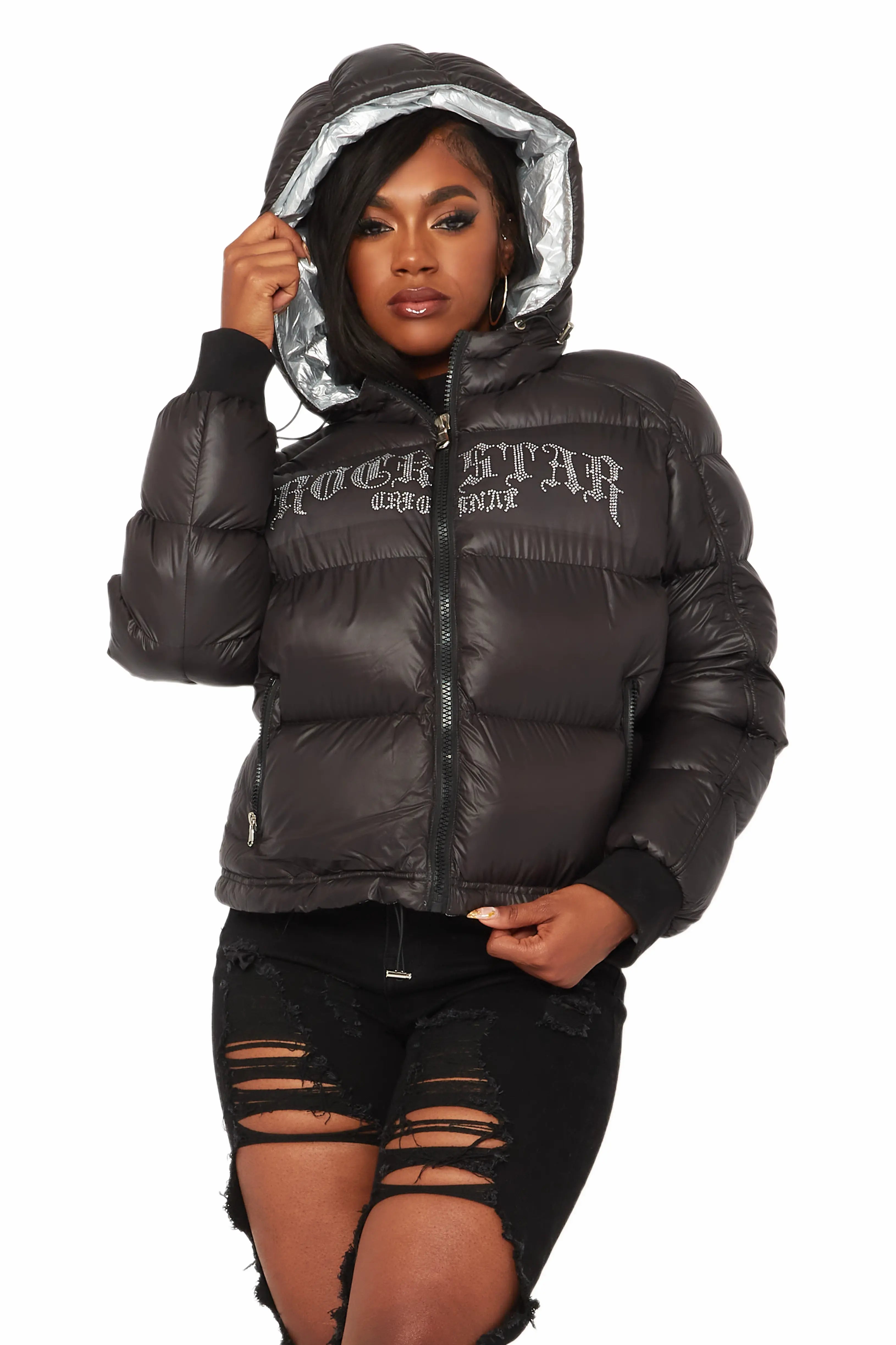 Rose Black Puffer Jacket