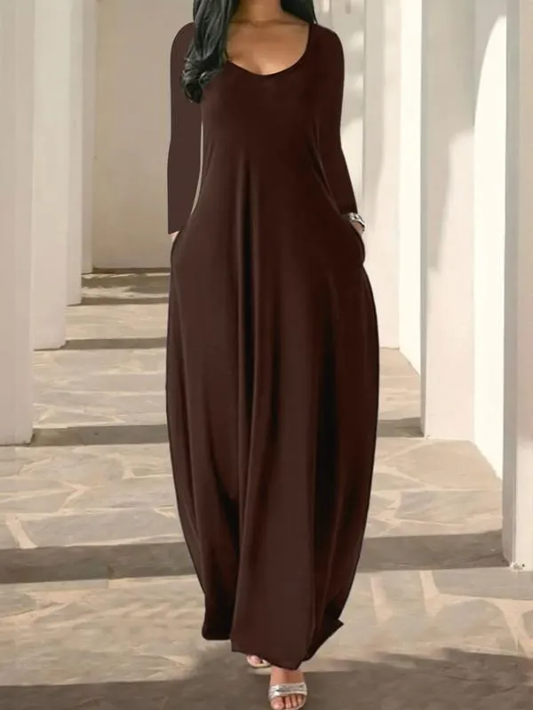 Women's Long Nightgown, Leopard Print in Coffee, Casual Round Neck Long Sleeve Pocket Sleepwear