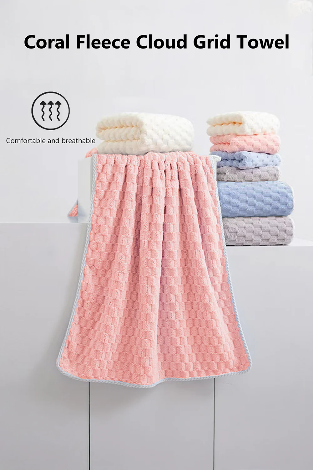 Peach Blossom Checkered Textured Thick Soft Bath Towel