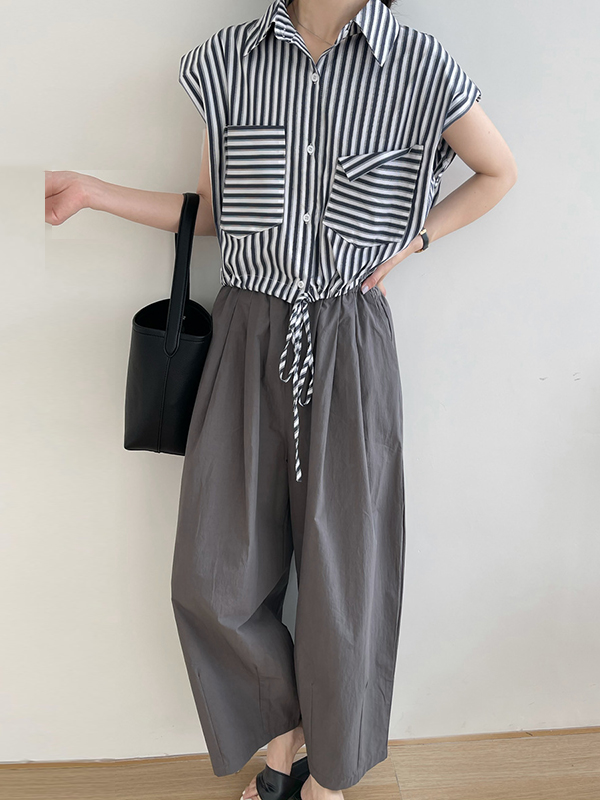 Elasticity Pleated Solid Color Split-Joint High Waisted Loose Trousers Pants