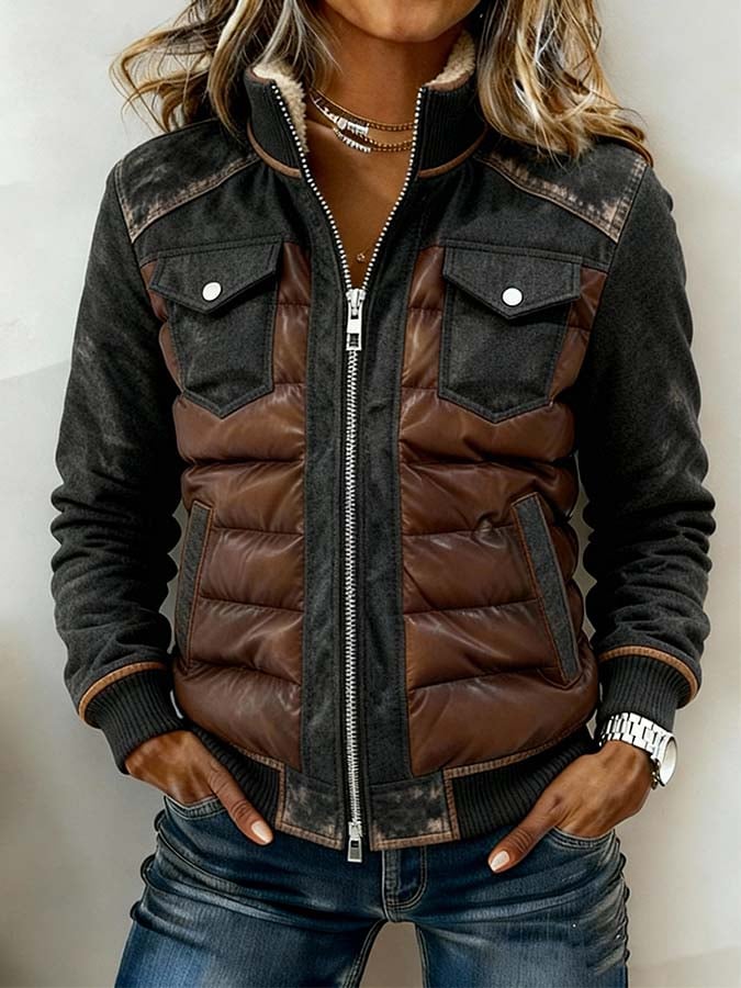 Women'S Casual Color-Blocked Hooded Cotton Jacket