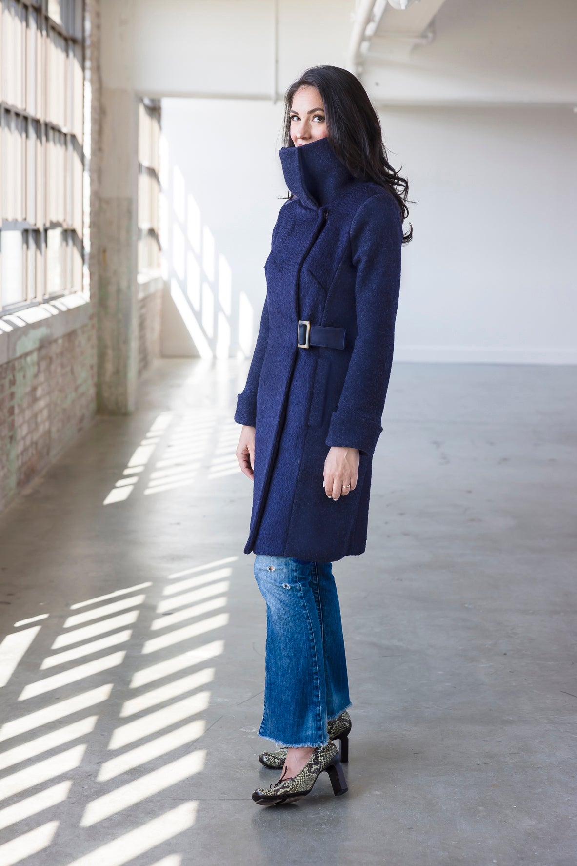 NAVY WAVE COWL NECK COAT