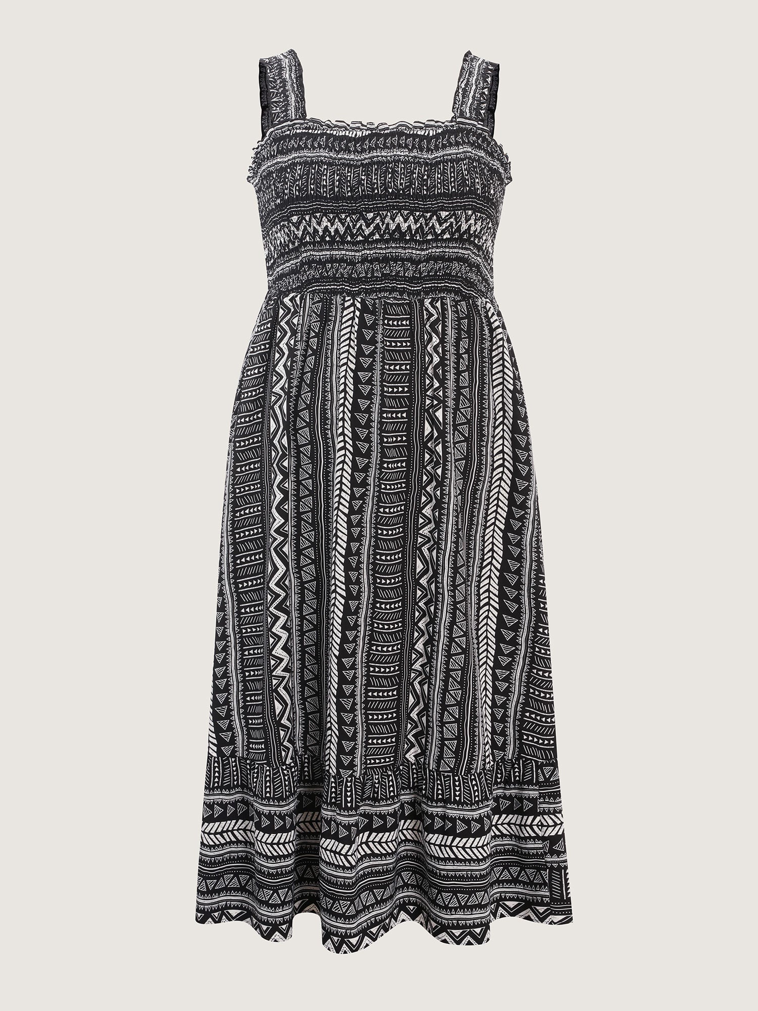 Monochrome Striped Shirred Wide-Straps Midi Dress