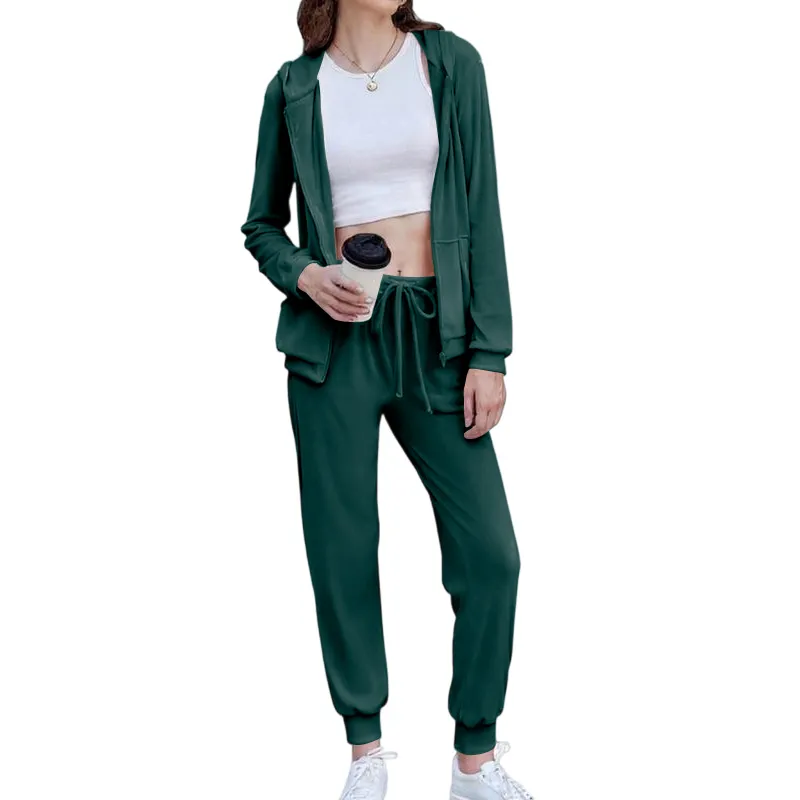 Women's Casual Velour Tracksuit Set Full Zipper Hoodie