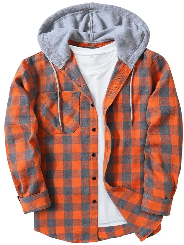 Men's Plaid Print Button Front Drawstring Hooded Shirt, Regular Fit Casual Pocket Long Sleeve Outerwear