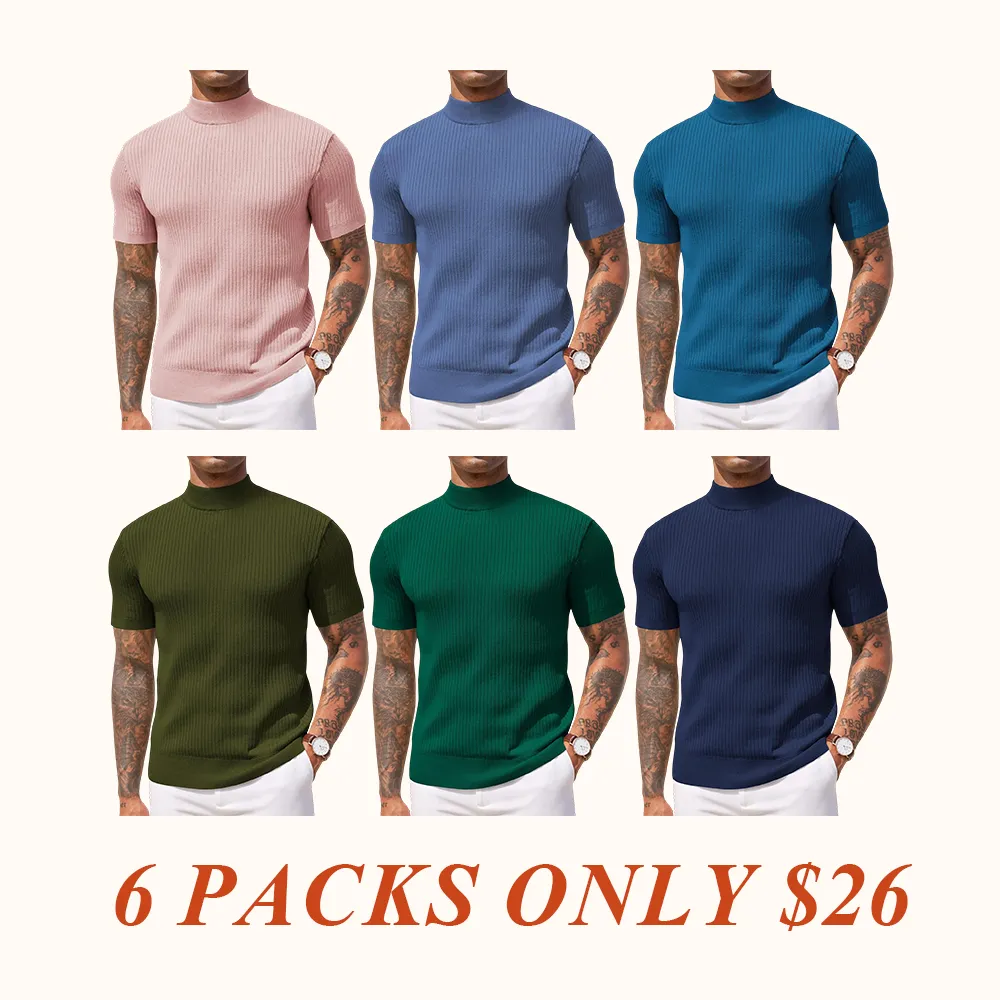 Men's Mock Turtleneck Sweater Short Sleeve Casual Basic Tops Ribbed Knit Pullover Solid Tee(100%Polyester)