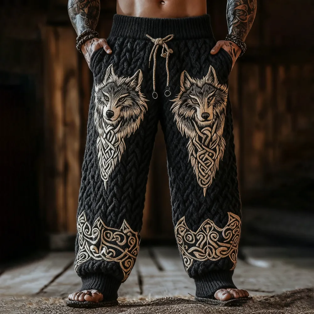 Men's Viking Celtic Knot Wolf Art Wide Leg Warm Knit Pants