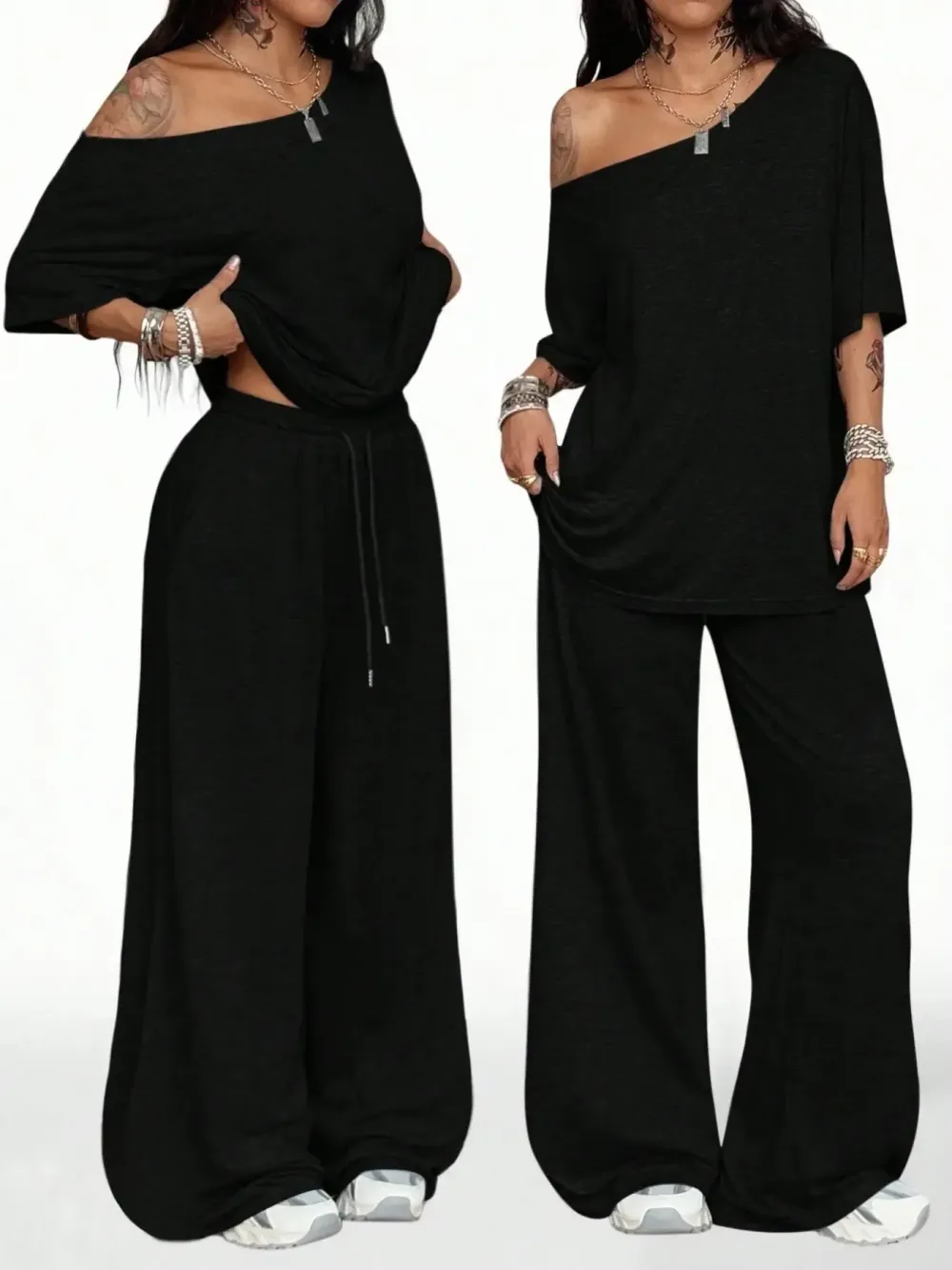 Women's Casual Solid Color Sport Two-Piece Set, Loose Long Pants & Wide Leg Slant Neck Pant Suit