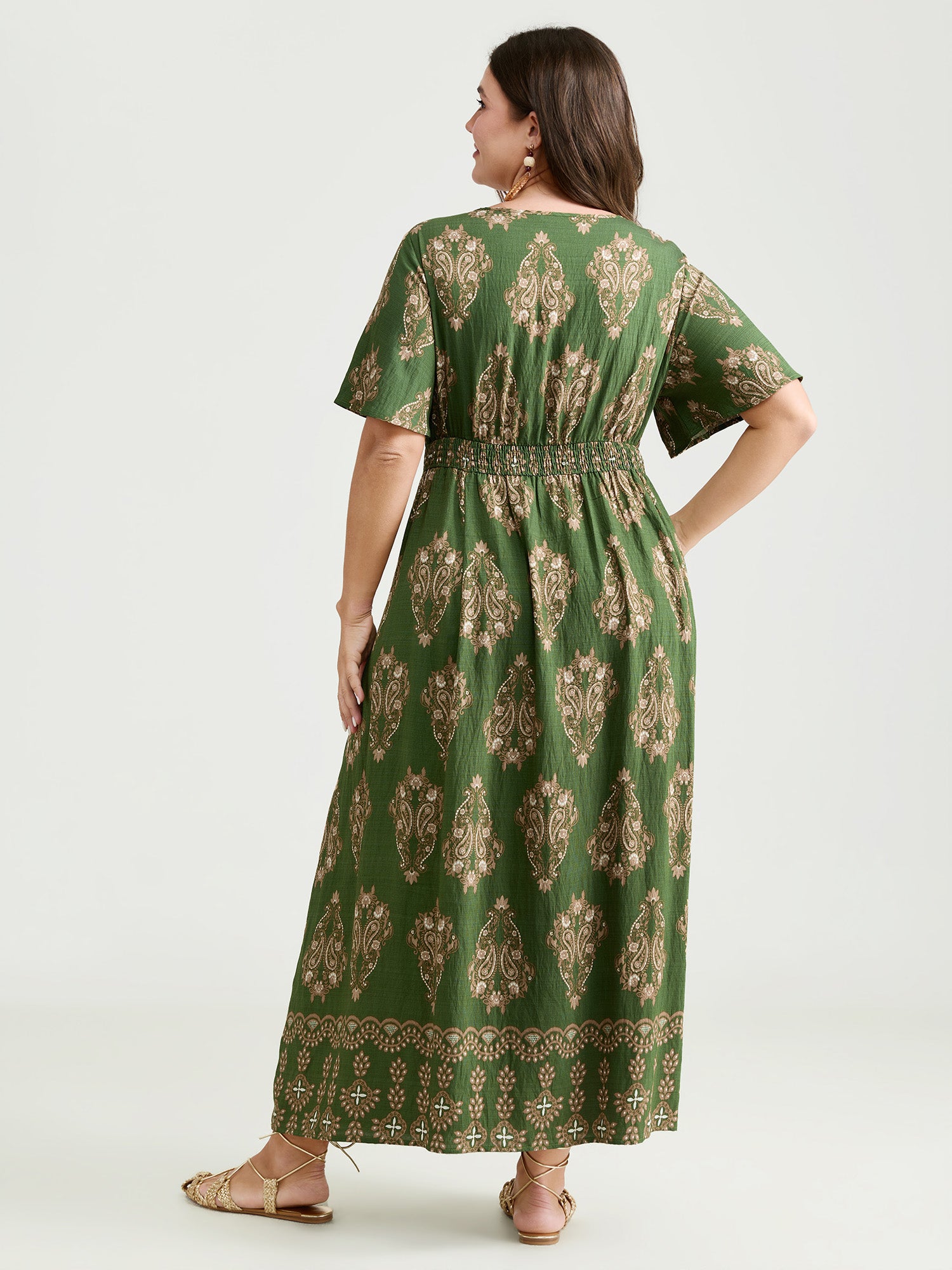 Paisley Print Pockets Shirred Waist Maxi Dress