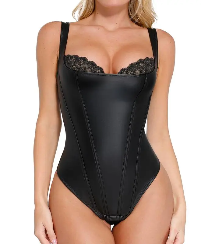 Leather Corset Top bodysuit Lace Trim Shapewear Tummy Control Bustier