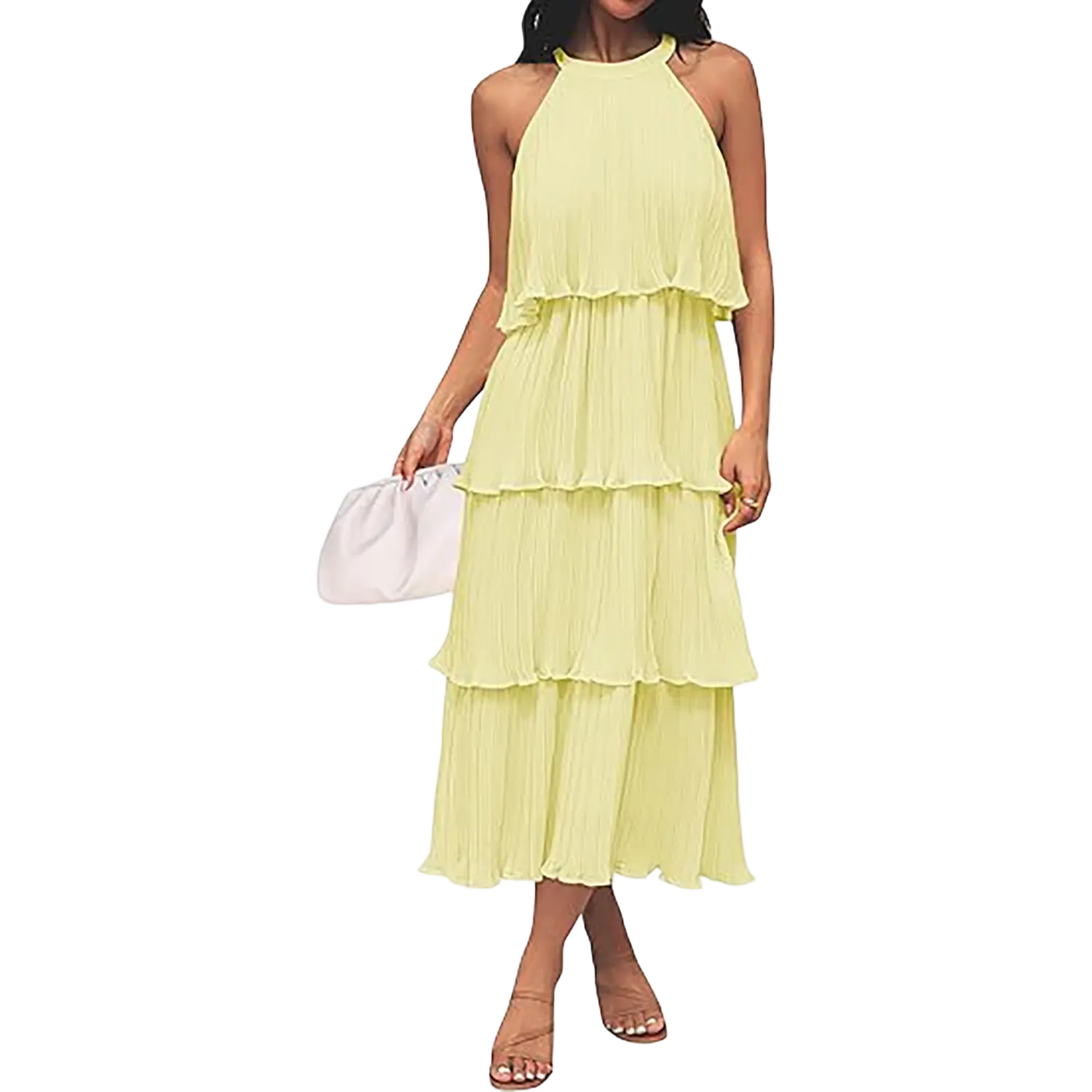 Women's 2025 Summer Sleeveless Halter Neck Ruffle Tiered Layed Chiffon Flowy Swing Long Midi Dress