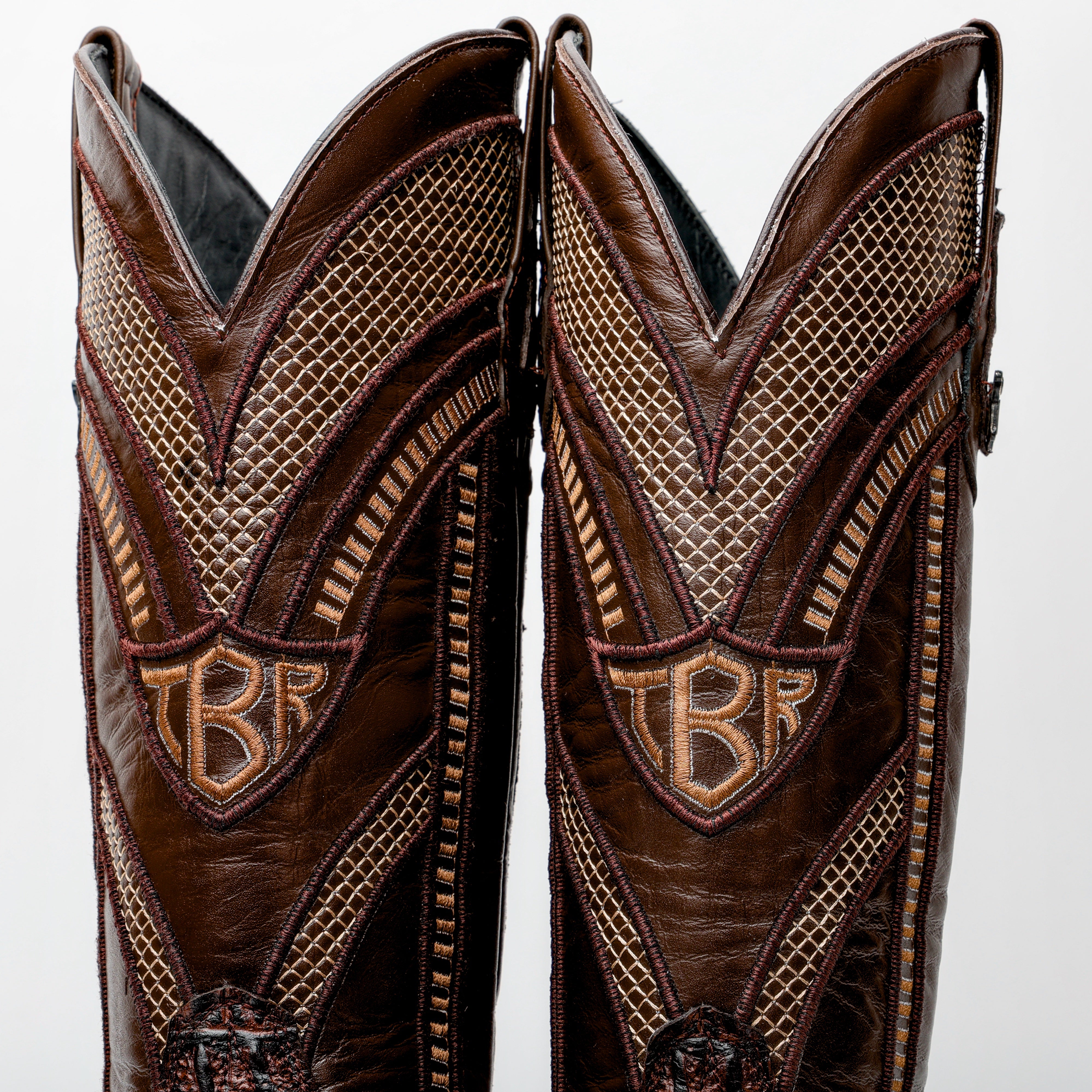 Brown Caiman Neck Leather Boots - Square Toe