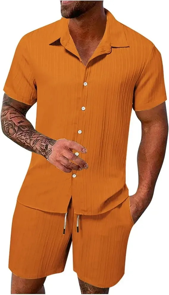 Men'S Solid Textured Short Sleeve Button Front Shirt & Pocket Drawstring Waist Shorts Two-Piece Set, Casual Summer Outfits Clothes Set For Men, Sets For Men Clothing, Menswear,  Summer Outfits Set
