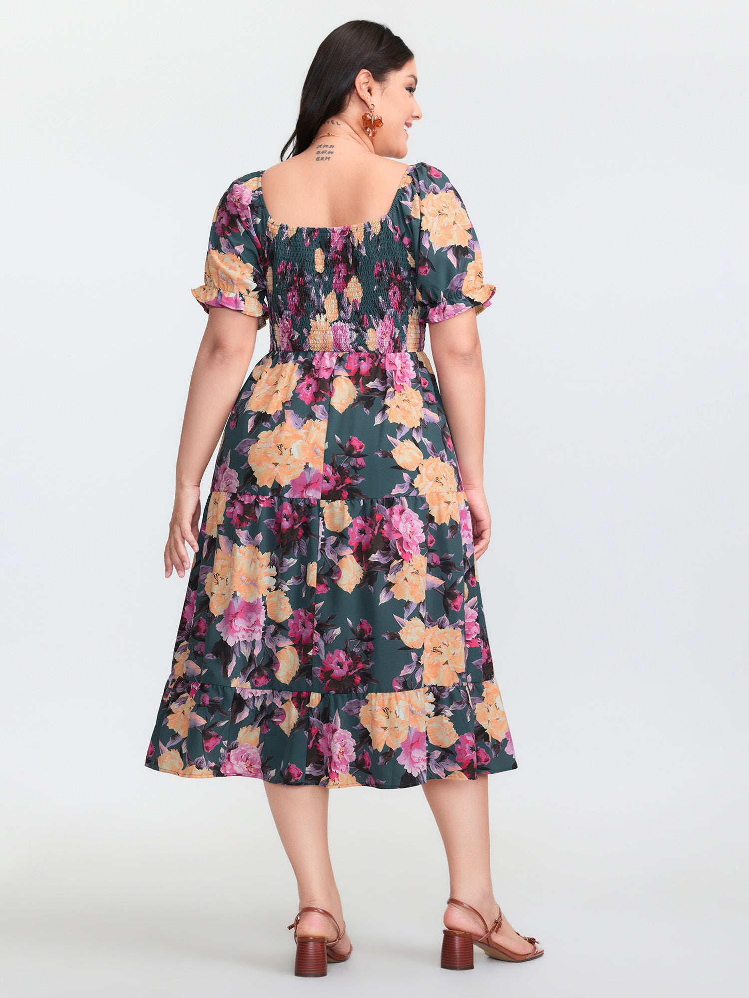 Floral Print Shirred Bodice Midi Dress