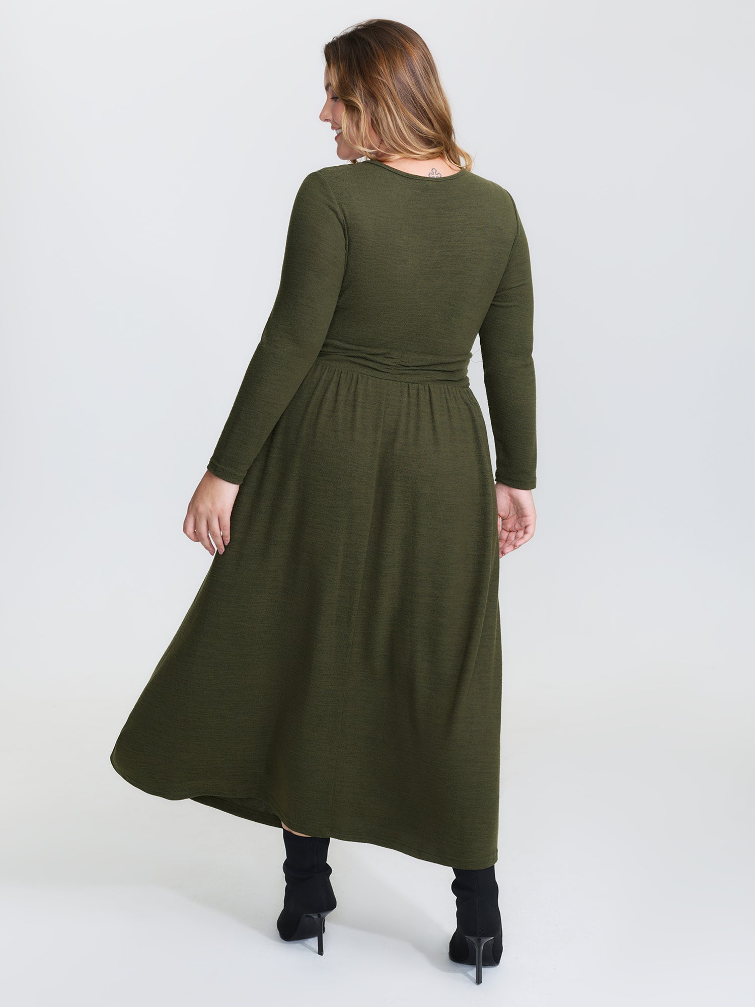 Pleated Waist Wrap Neckline Knit Maxi Dress