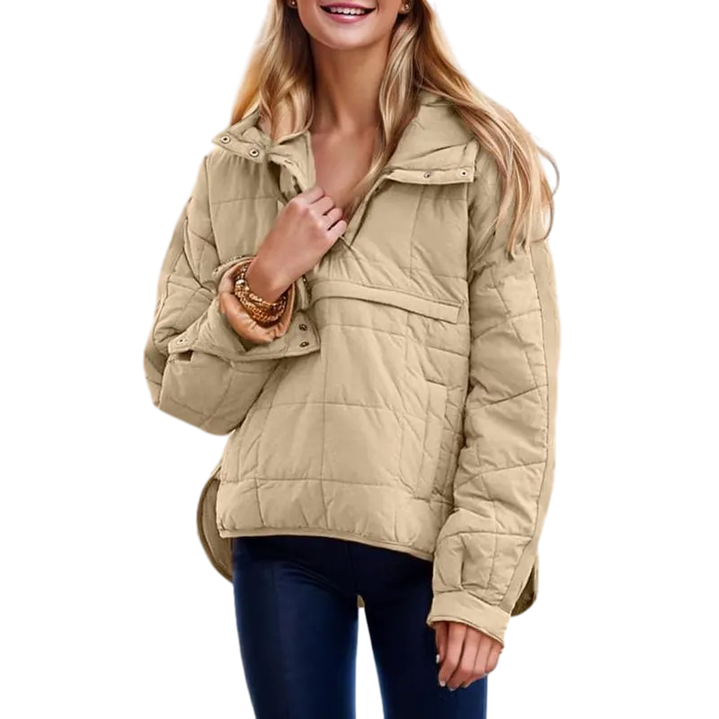 Women's oversized down jacket with quilted batwing sleeves pullover