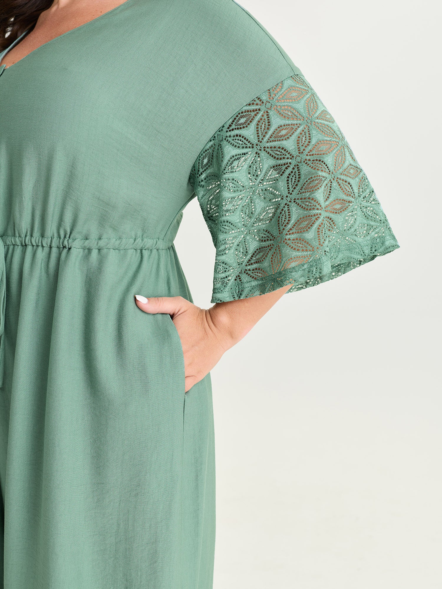 Lace Trim Sheer Sleeve Jumpsuit