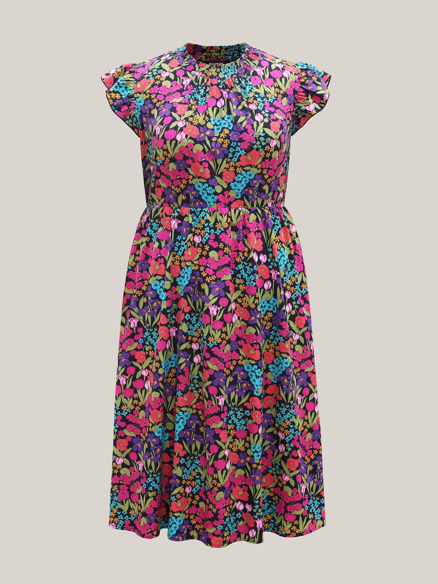 Floral Print Shirred Pockets Midi Dress