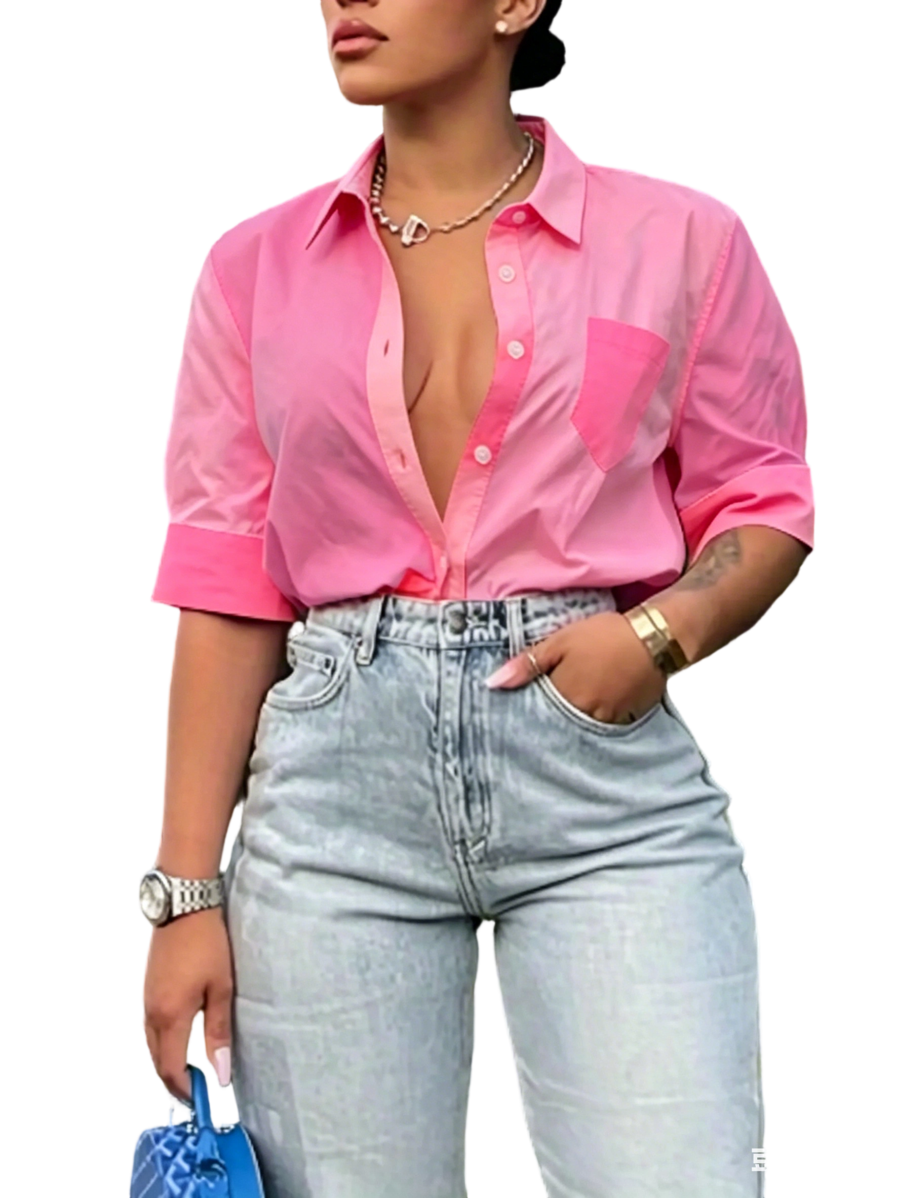 Women's Colorblock Pocket Button Front Shirt, Blouse, Summer Clothes for Women