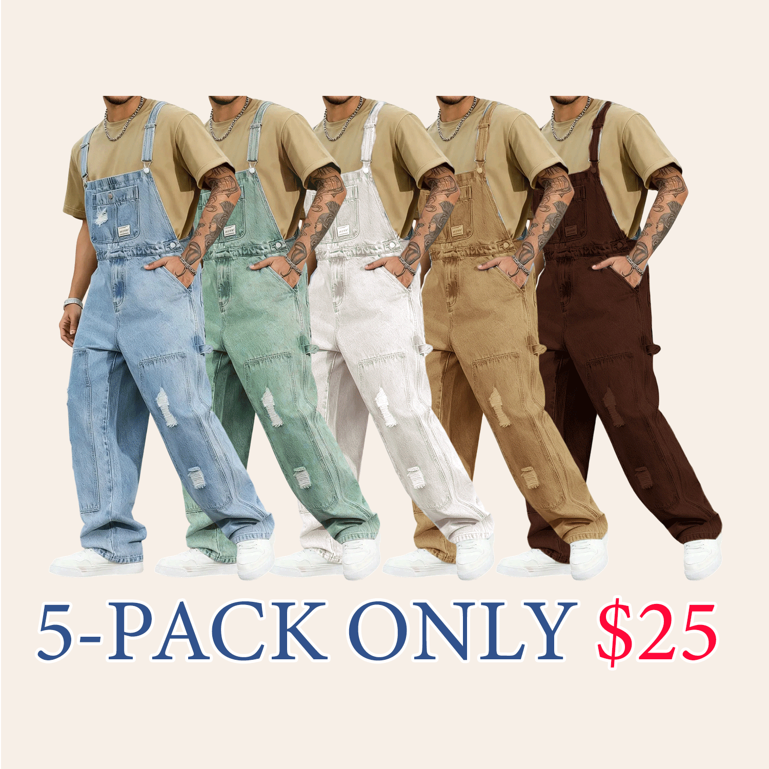 Spring Men's Letter Print Distressed Casual Versatile Denim Bib Overalls Hang