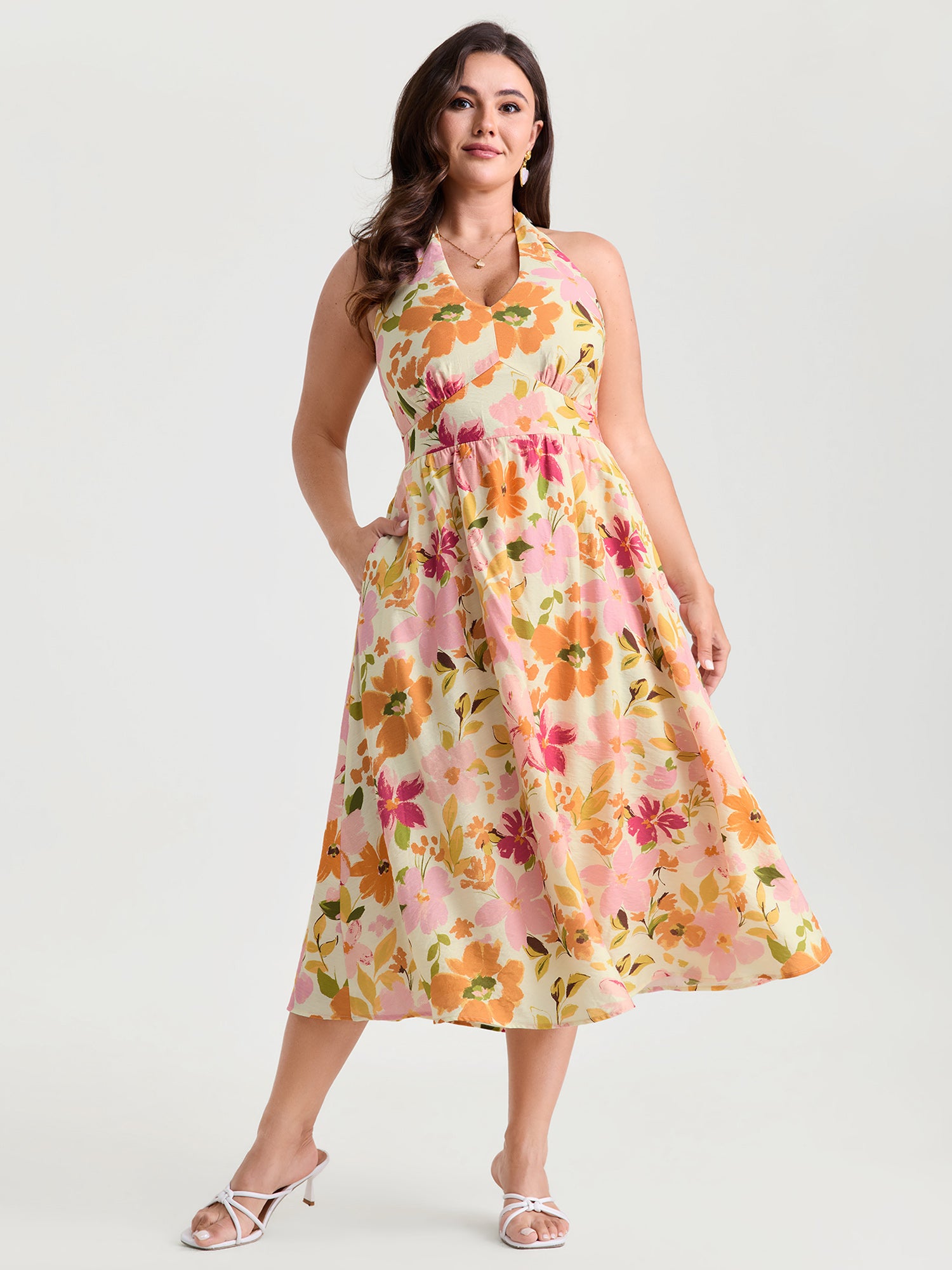 Bright Floral Print Halter Midi Dress