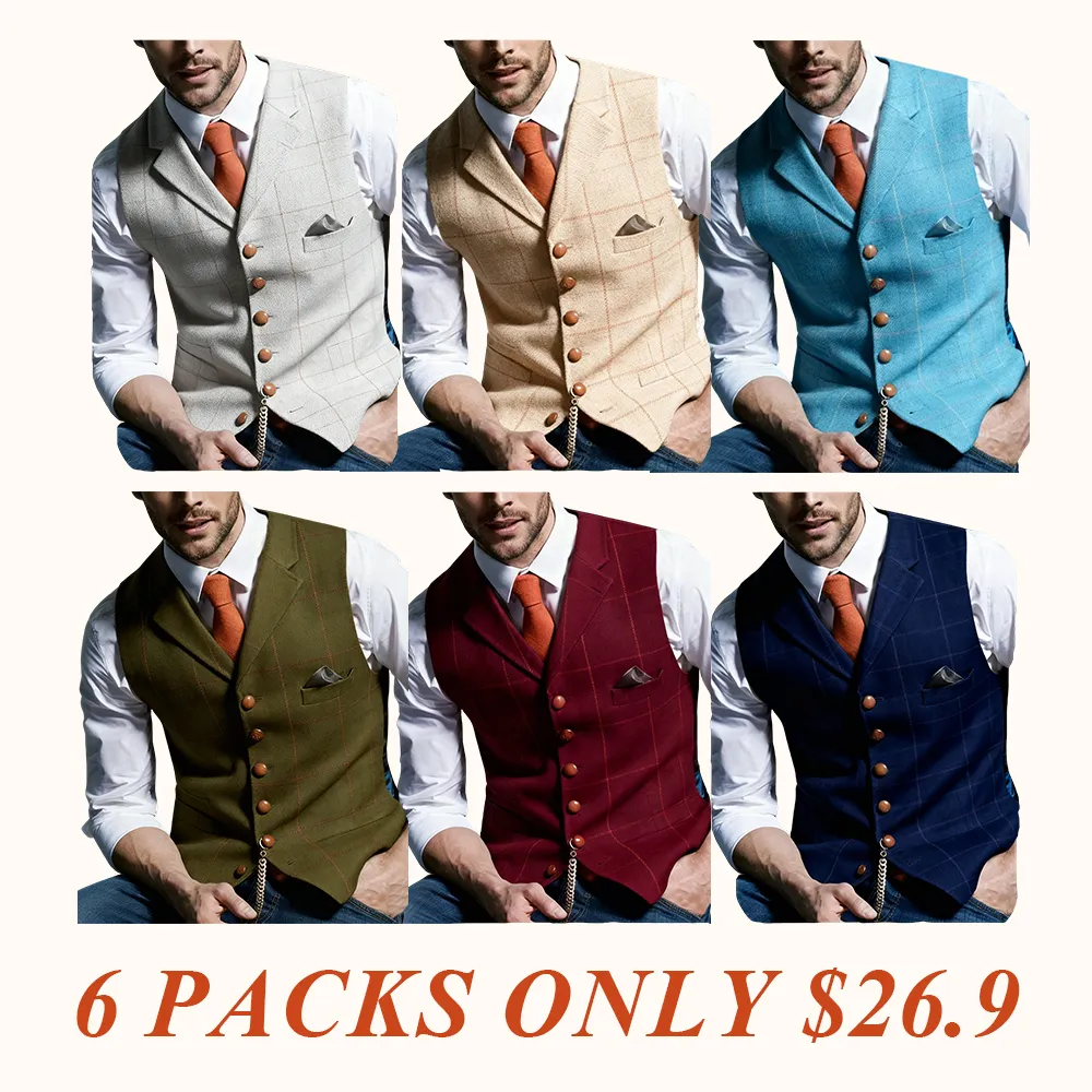 Men's Retro Tweed Vest Herringbone Wool-Polyester Blend Classic Formal & Casual Sleeveless Waistcoat Dress Fabric