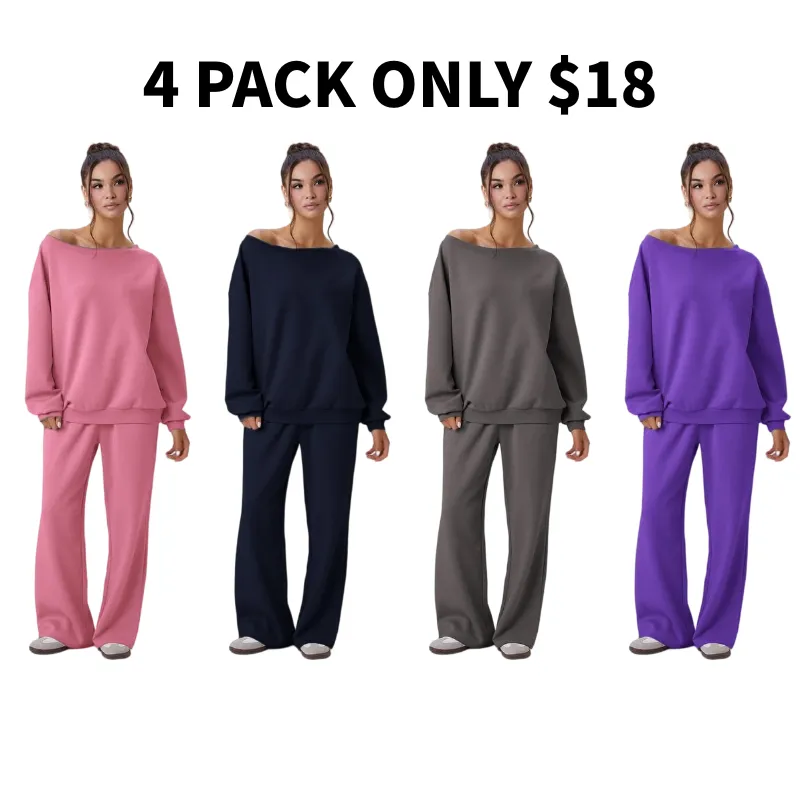 🔥8-PACKS 🔥Women's Leisure Solid Color Sloping Shoulder Long Sleeve Top & Wide Leg Trousers