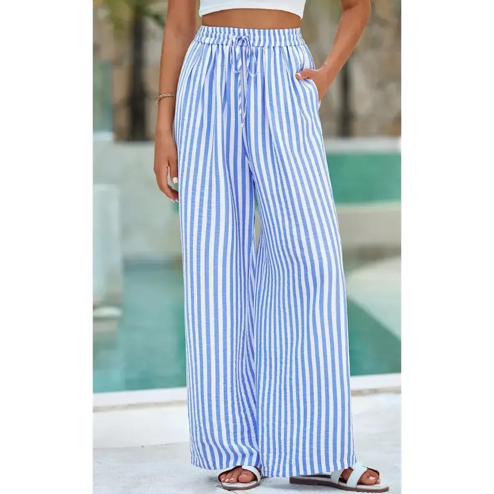 Women's Pants Elastic Waist Striped Lightweight Palazzo Trousers With Pockets Casual Lounge Wide Leg Bottoms
