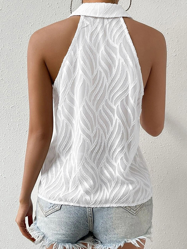 Jacquard See-Through Solid Color Sleeveless Lapel Blouses&Shirts Tops