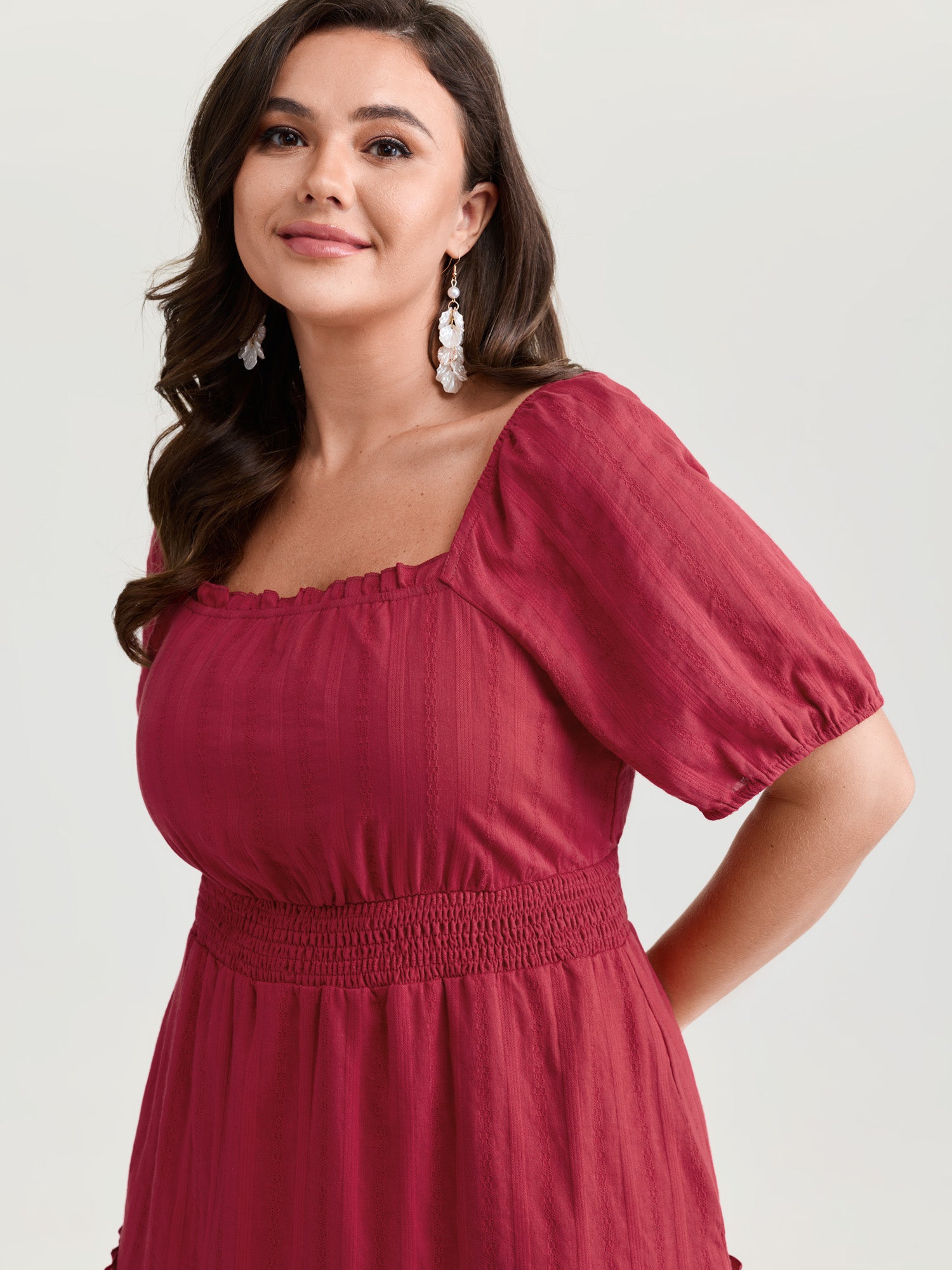 Cotton Textured Cinched-Waist Tiered Midi Dress