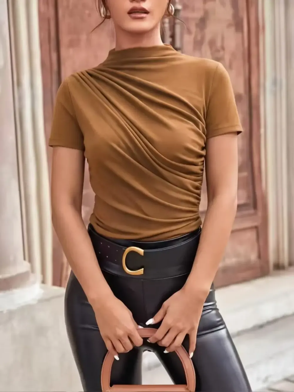 Women's Slim Fit Ruched Asymmetrical Top, High Neck Short Sleeve Knit T-Shirt, Casual Plain Design