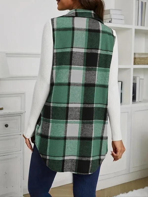 Women's Plaid Print Button Front Vest Coat