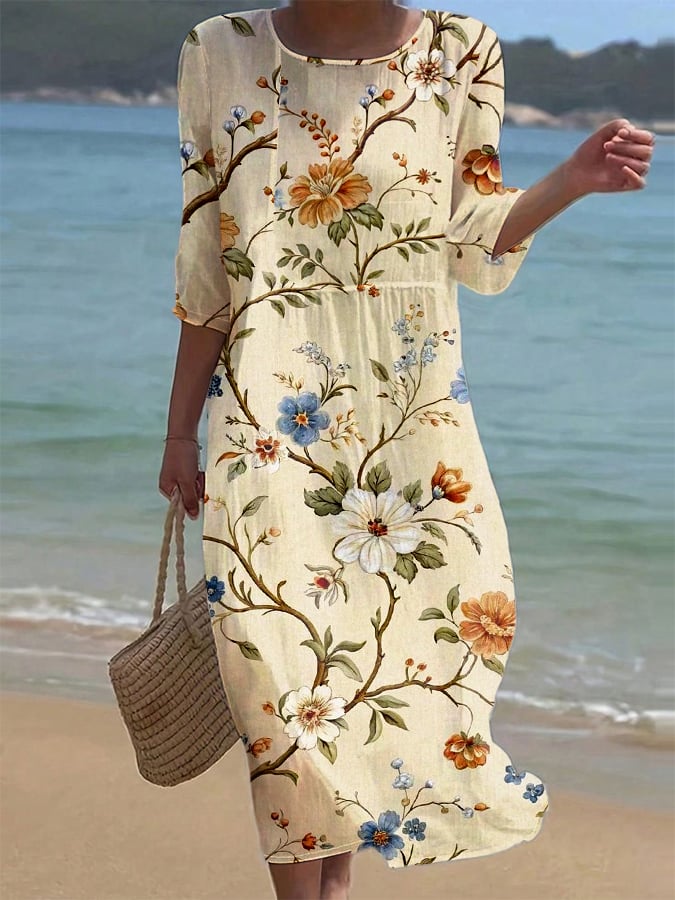 Ladies Botanical Floral Design Casual Loose Dress- Fast Shipping