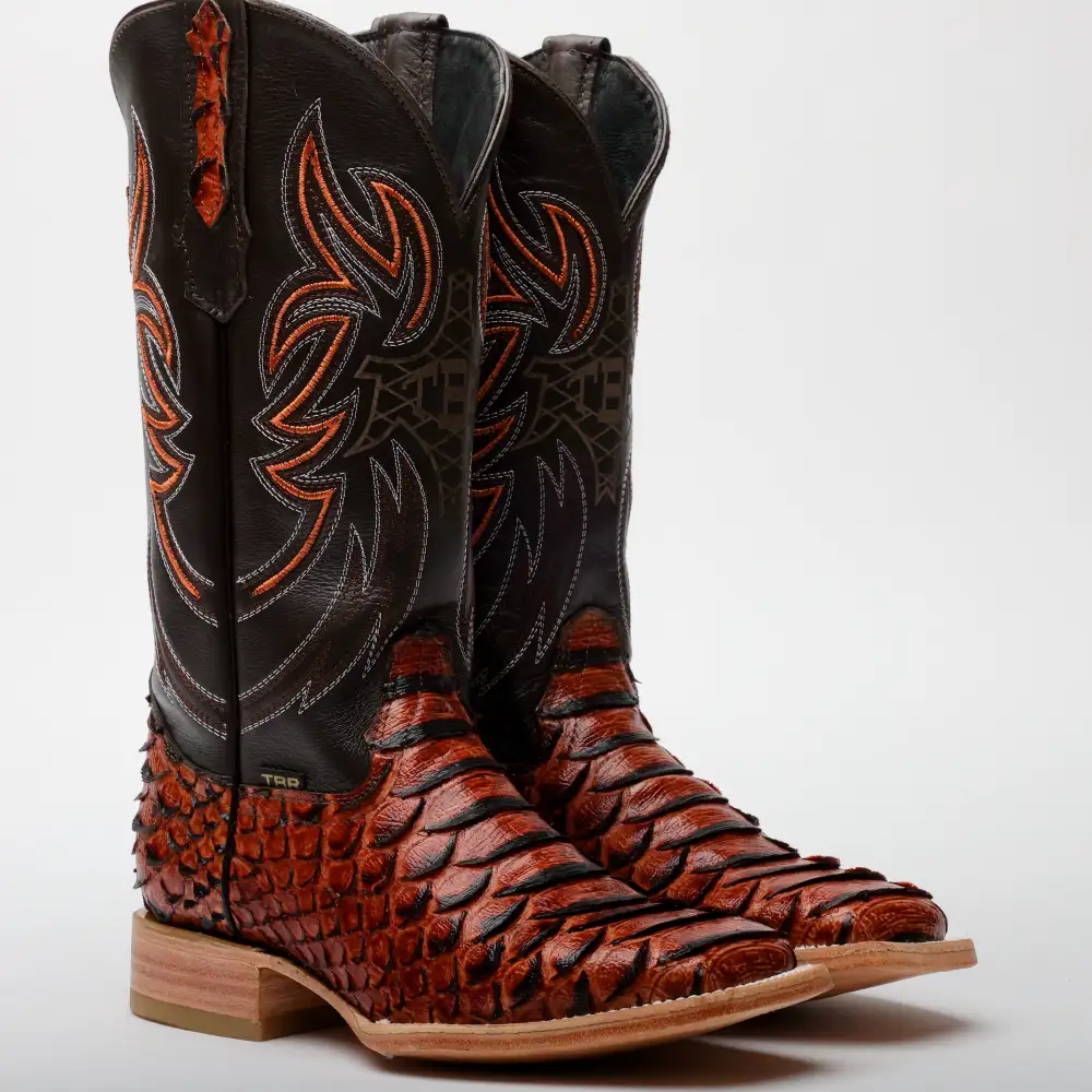 Cognac Python Leather Boots - Square Toe