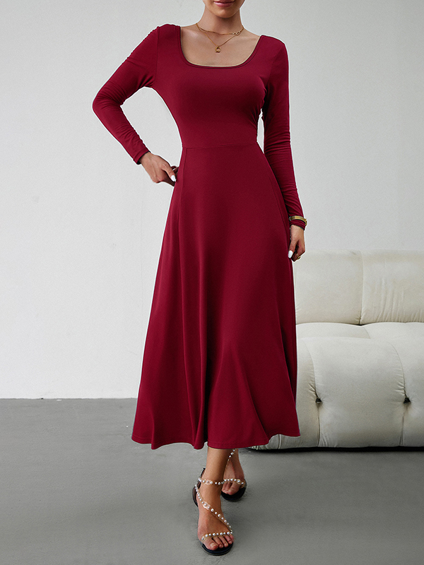 Solid Color Tied Waist A-Line High Waisted U-Neck Midi Dresses