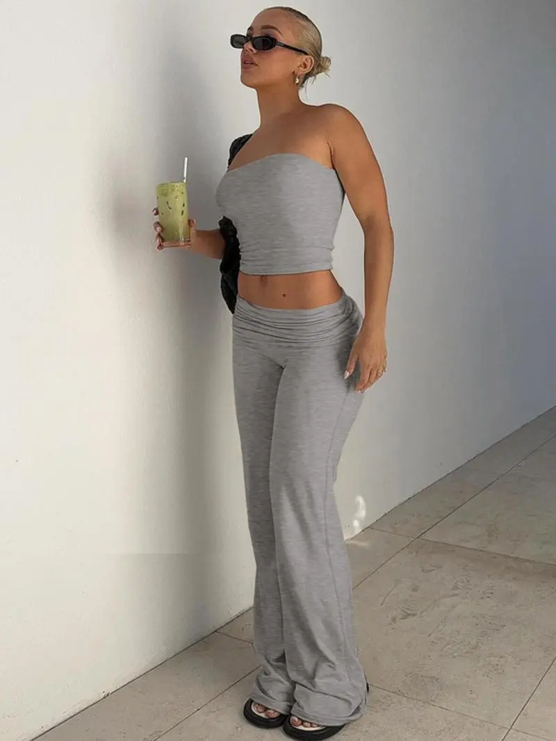 Two-Piece Set Women's Solid Crop Tube Top & Foldover Waist Flare Leg Pants